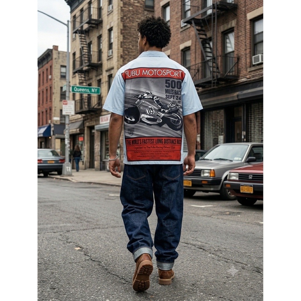 FUBU Bowling Shirt Mens XXL Racing Motorcycle Graphic AOP Streetwear Y2K